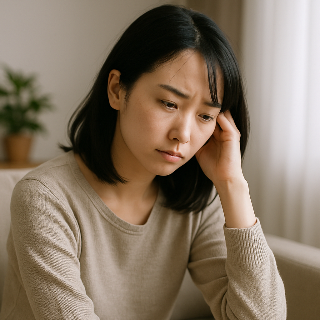 考え込む表情の女性が、感情や人間関係について悩んでいる様子のイメージ。心療内科のカウンセリング記事用。